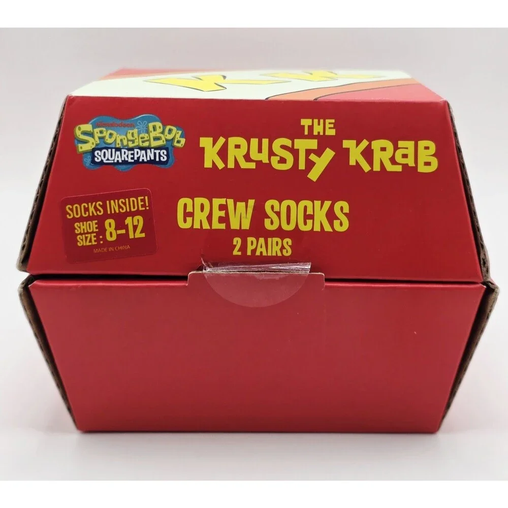 SpongeBob Krusty Krab Crew Socks 2 Pair Set Size 8-12 Nickelodeon Gift Box NEW